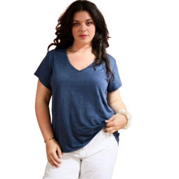 Tee Shirt Col V LEMAHIEU Alina Lin Bleu Marine